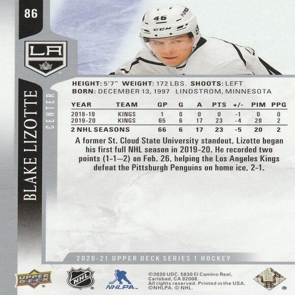 Blake Lizotte - 2020/2021 Upper Deck Series 1 Hockey Card - Picture 2 of 2